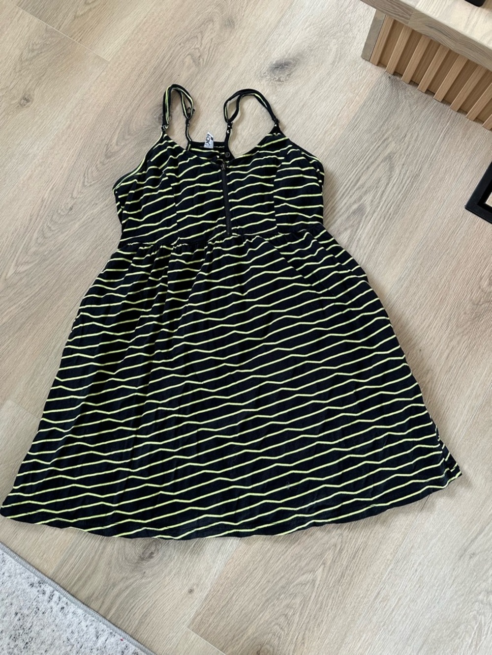 Fox Black and Neon Green Striped Tank Dress with Front Zipper